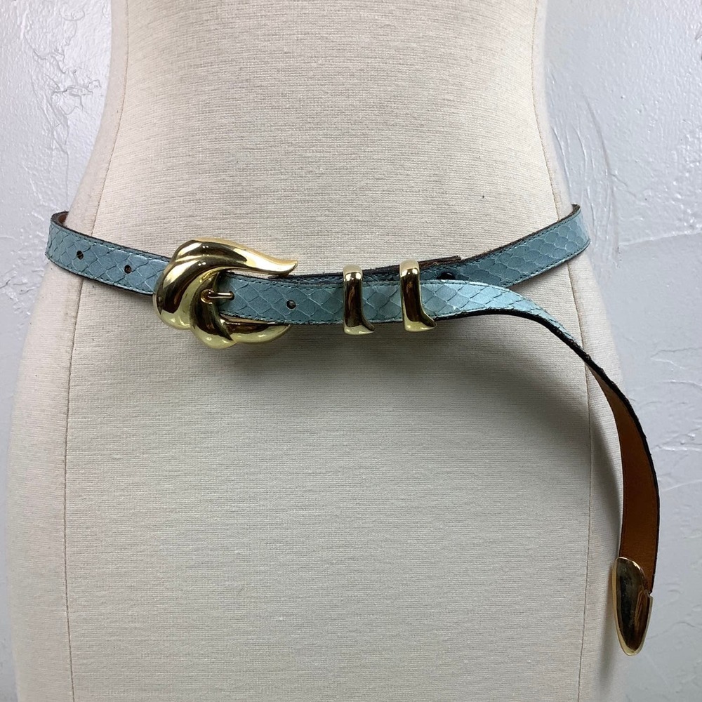 VTG Apple Acc of NY Snakeskin Leather Tiffany Blue Skinny belt SZ M EUC